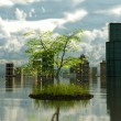 Flooding cityscape with the Last tree on earth,3d rendering