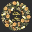 Christmas wreath with hand drawn Christmas elements (candles, branches of spuce, fir cones, dried orange) on a dark background, Christmas greeting card design